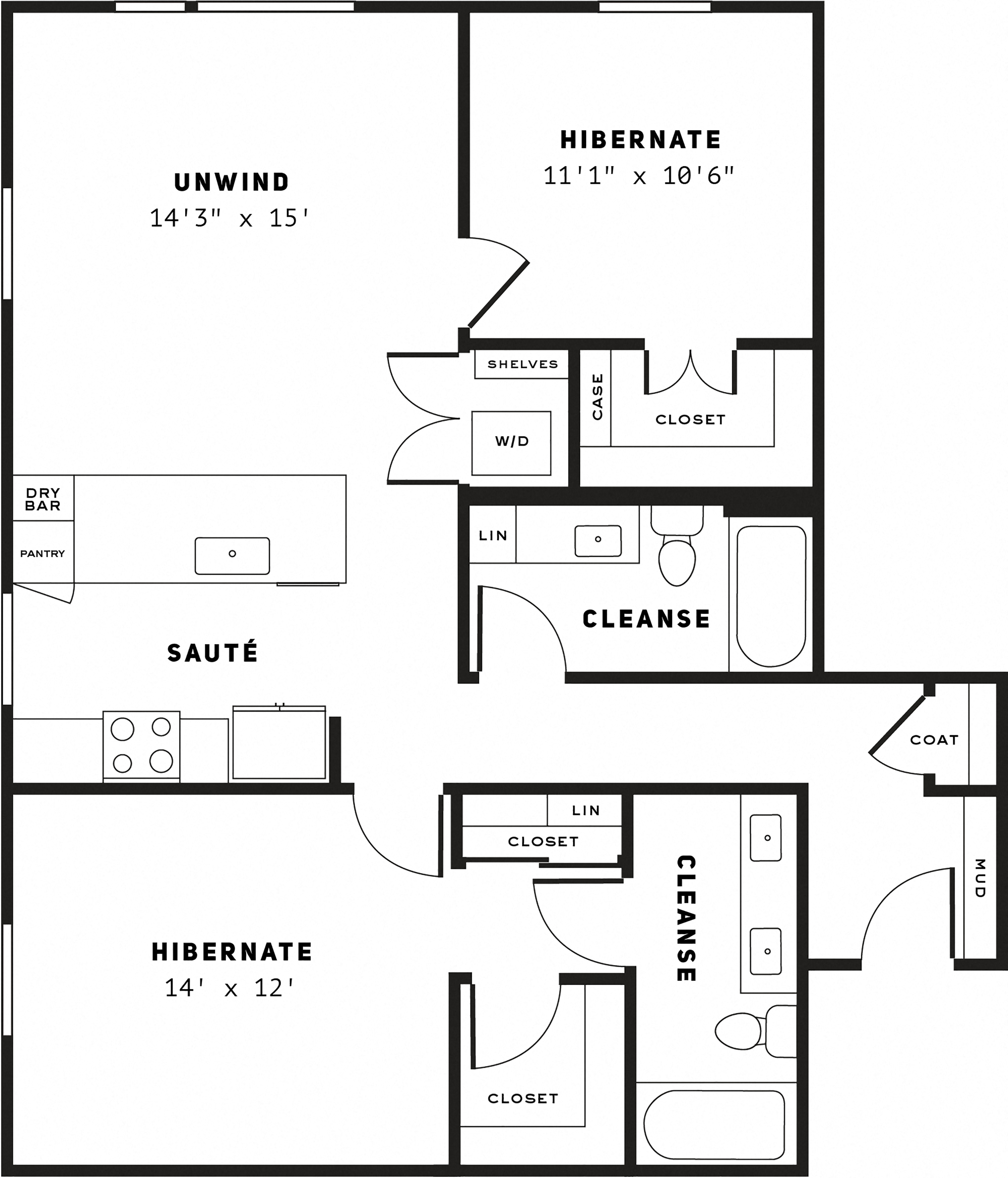 Floor plan for 2 beds, 2 baths, 1084 sqft